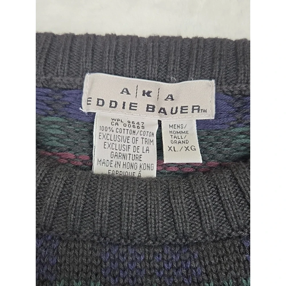 Vintage‎ 90s AKA Eddie Bauer Sweater Geometric Tartan Stripe Cotton XL Tall